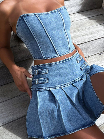 wsevypo Retro Blue Denim Two-Piece Skirt Suits Summer Off-Shoulder Bandeau Corset Crop Tops+High Waist Mini Pleated Skirts Sets