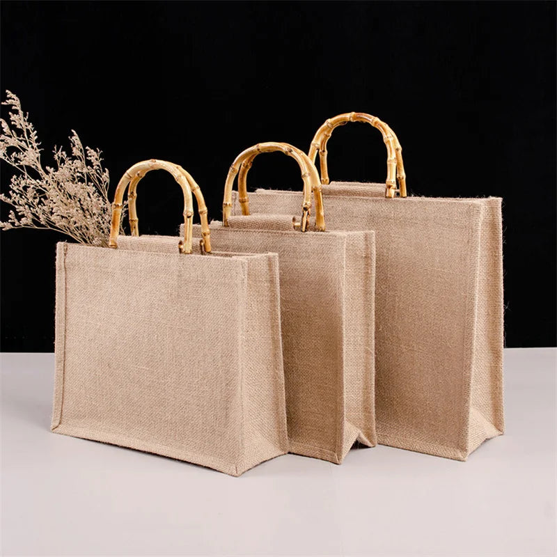 Burlap Jute Shopping Bag DIY Handbag Girls Retro Portable Large Size Tote Bags