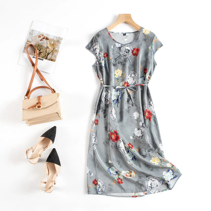 Benefits! Crepe de chine mulberry silk dress floral straight mid-length dress for women summer