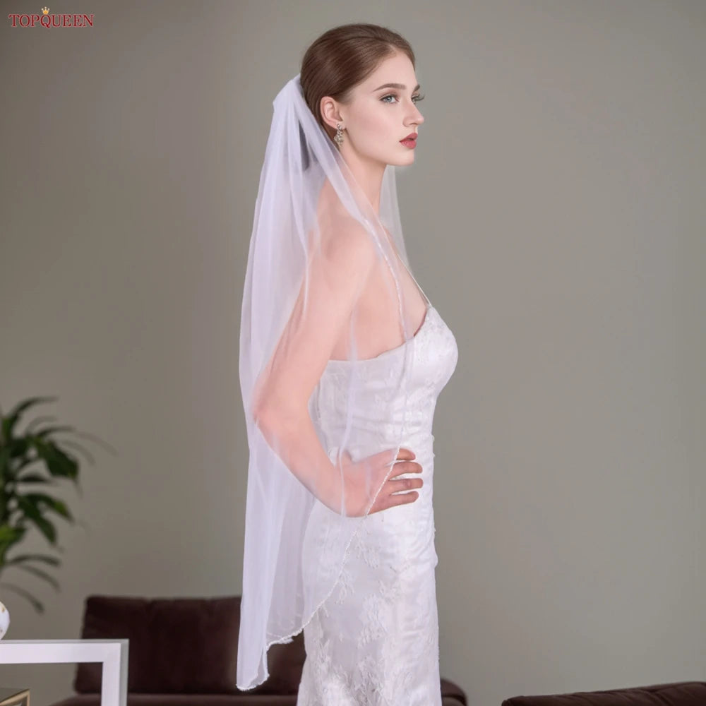 TOPQUEEN V107 Long Bridal Veils Crystal Beaded Wedding Veil with Crystal Edge 1 Tier Super Soft Bride to Be Veil Short