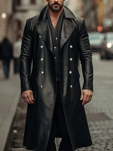 Men's 2024 Spring and Autumn Leather Coat Long Leather Windbreaker Men's Double-breasted Leather Jacket