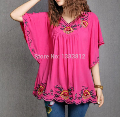 2022 Women Cotton Tops Clothes Vintage Mexican Ethnic Floral Embroidery Batwing Loose Casual Boho Tunic Blouse Blusa Mujer