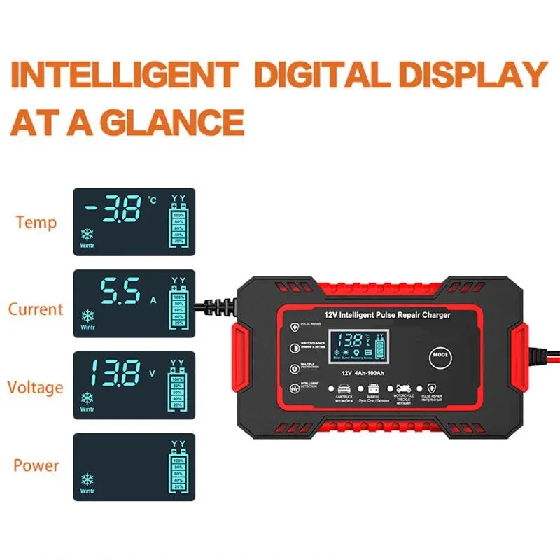 1 Set 12V6A Battery Charger Car/Motorcycle Charger Digital Display Suitable for Lead Acid Batteries EU Plug Reverse Protection