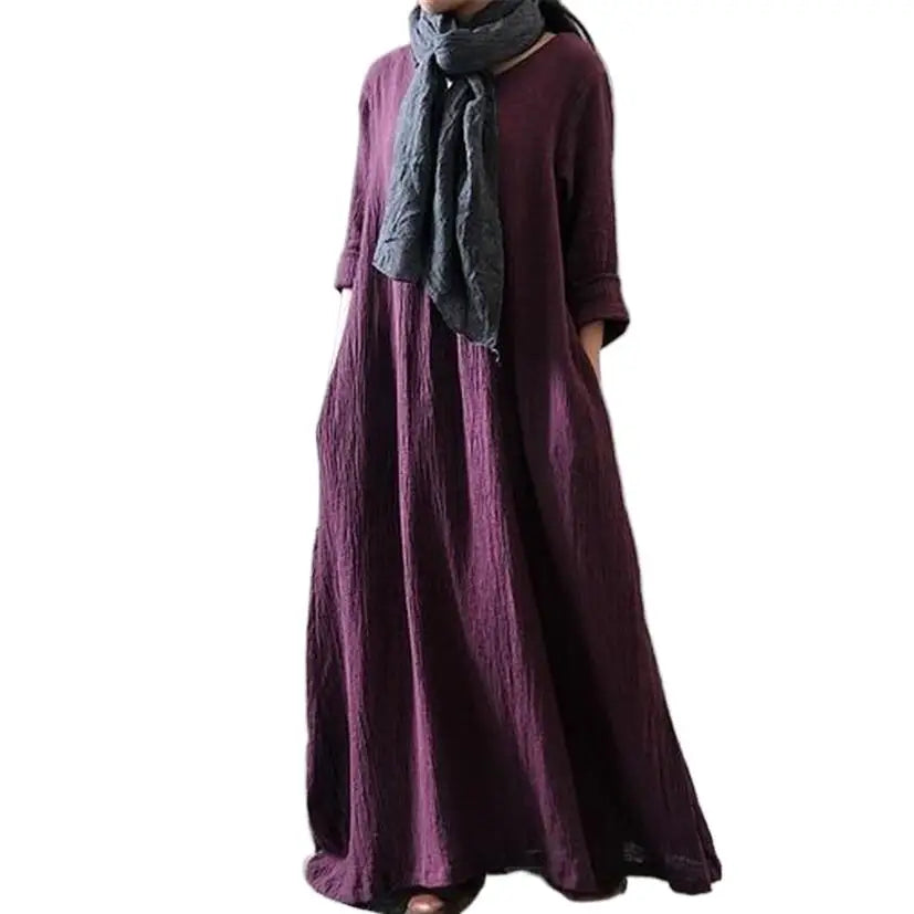 Autumn 2024 Loose Cotton Linen Long Dress Ladies Solid Color Vintage Maxi Dress Spring Female Robe Casual Loose Dresses Vestidos