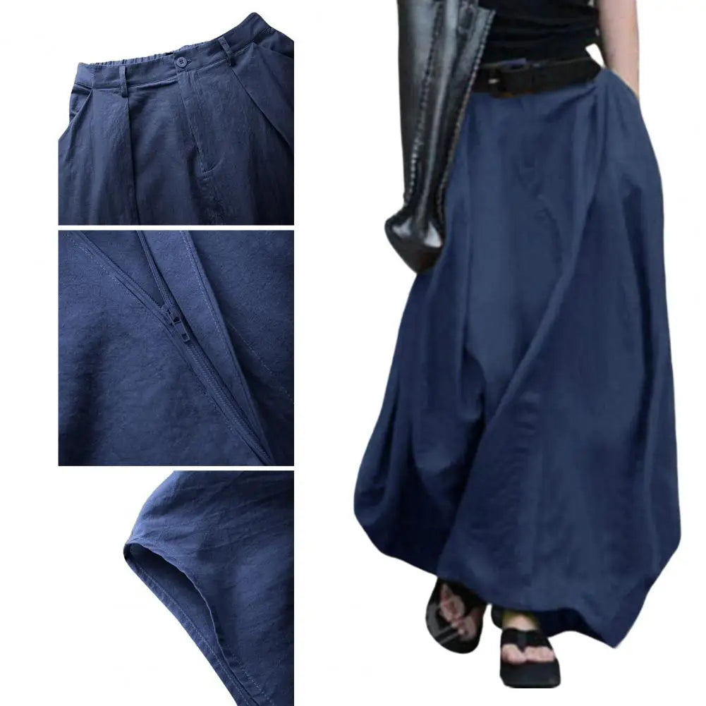 Women Maxi Skirt Elastic Waist Button Fly A-Line Skirt Solid Color Large Swing Hem Long Dance Skirt Streetwear