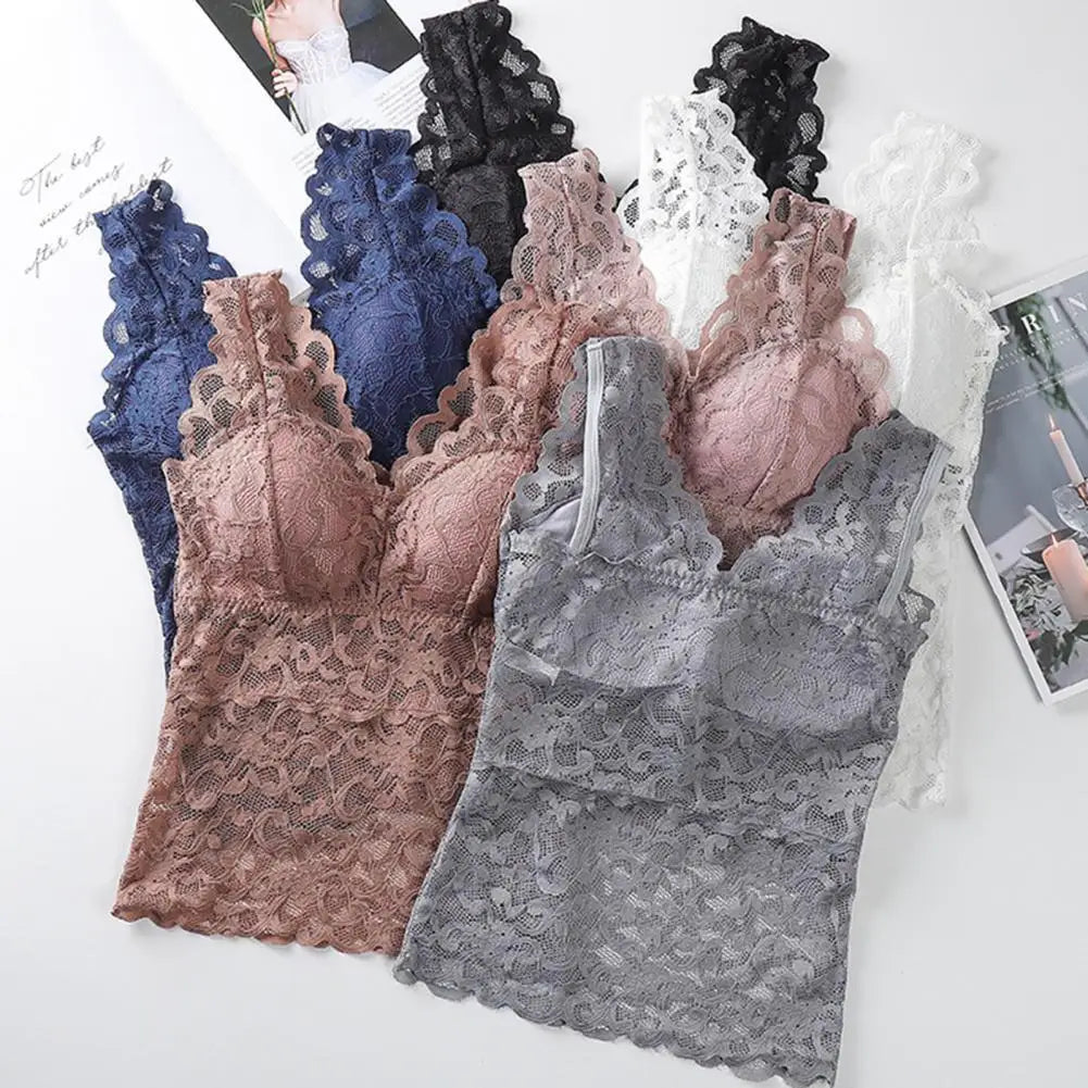 Sexy Women's Tanks Top See-through Pads Beauty Back Thin Bra Vest Sweet Lace Stitching Casual Underwear Top