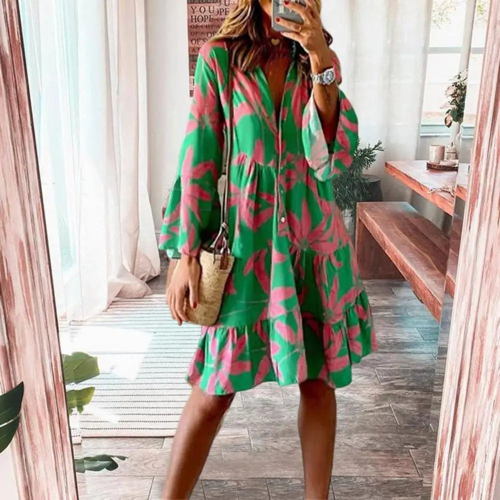 A Line Skirt Women Summer Dress Loose Trumpet Sleeve Long Sleeves Printing Loose Hem Lady Midi Dress Female Clothes