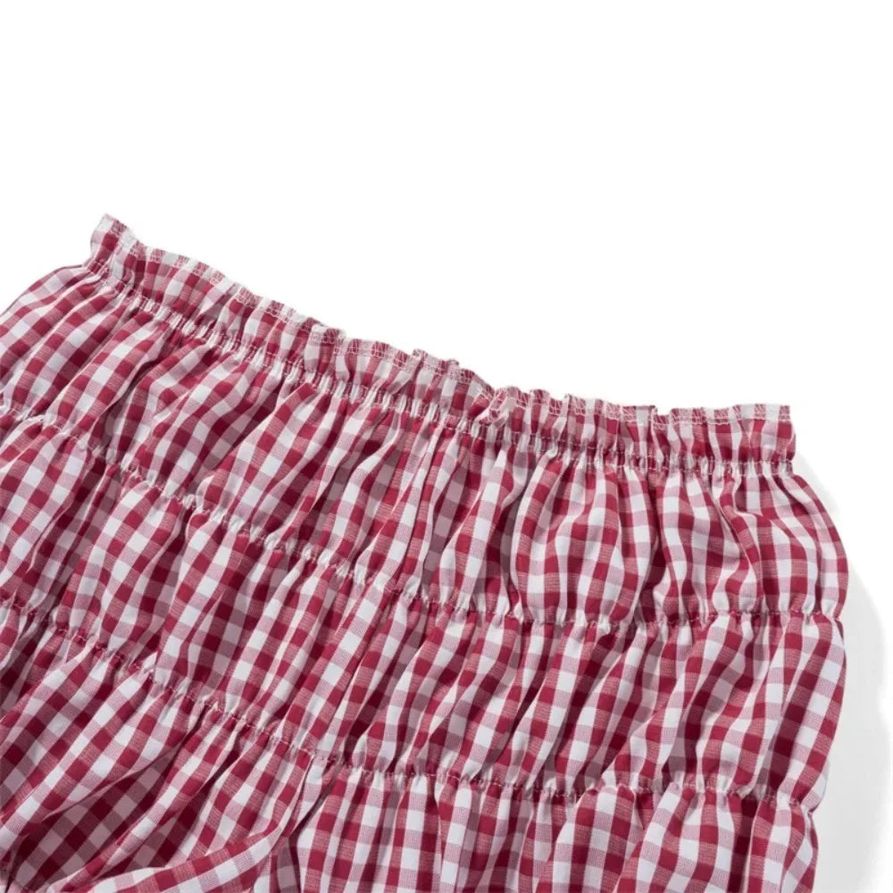 Red and White Plaid Shorts y2k Clothes Women Elastic Waist Ruffles Cake Shorts Bottoming Sweet Girl