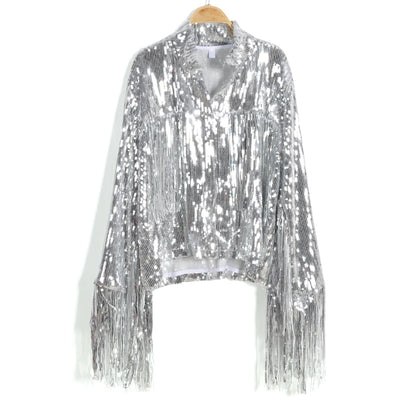 Harajuku Unisex Sequin Fringed Dance Performance Bomber Jacket Beaded Cardigan Coat Autumn Silver Gold Shiny Tassels Outtwear