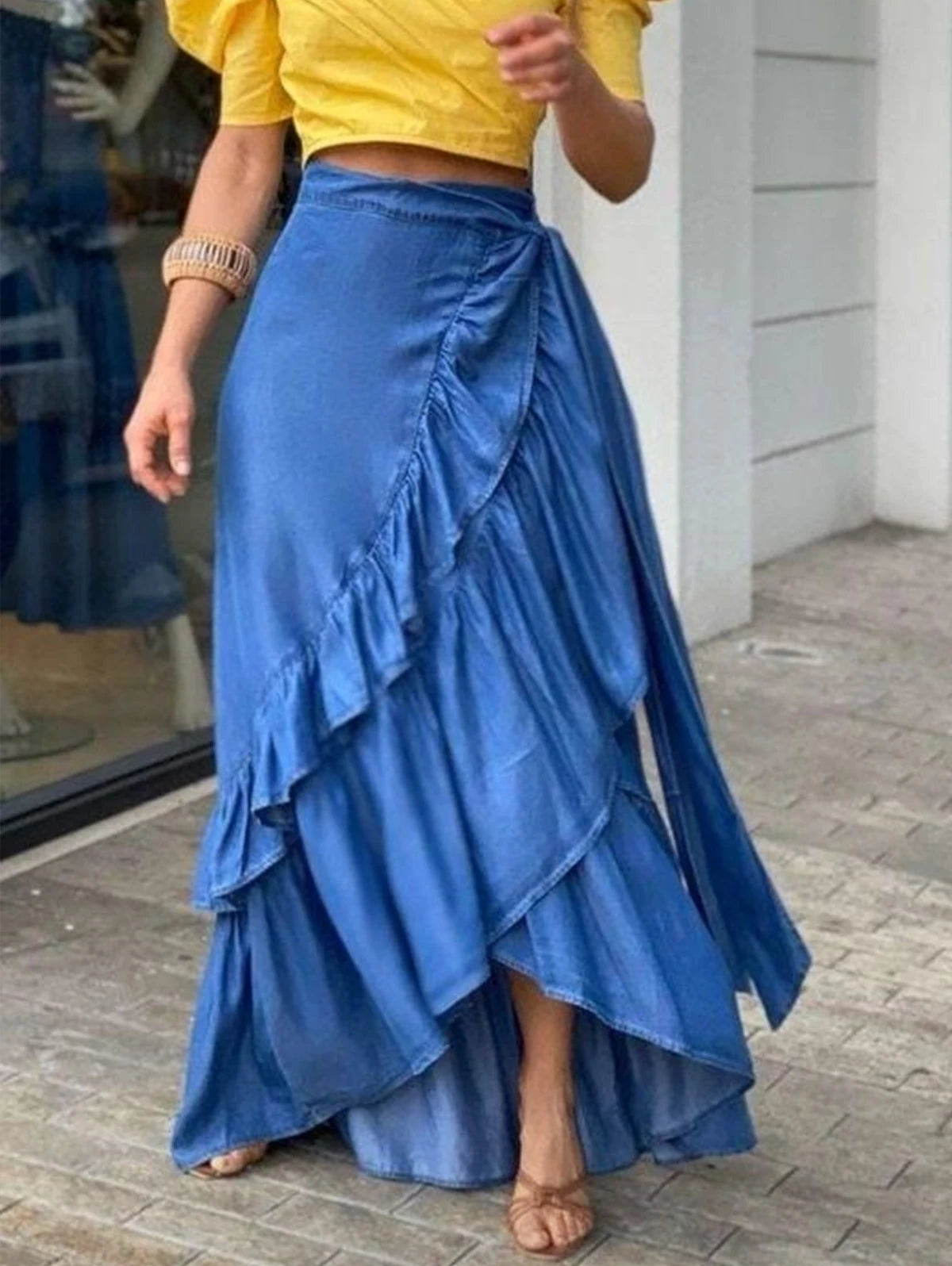 Women's Pleated Denim Skirt Casual Street Wear Beach Party Club Y2K Vintage Elegant Solid Ruffle Hem Knot Waist Long Dress