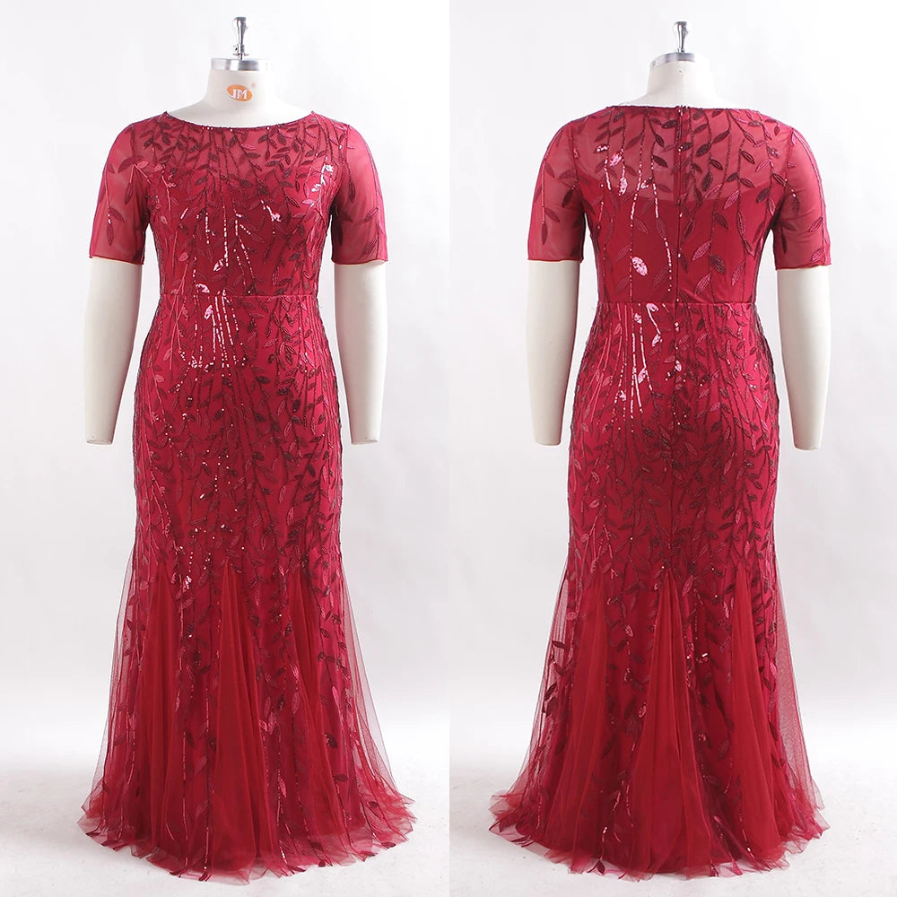 Women Plus Size Sequin Mesh Embroidery Mermaid  Evening Dress Formal Short Sleeve Elegant Party Prom Gowns 2020 New Long Dress