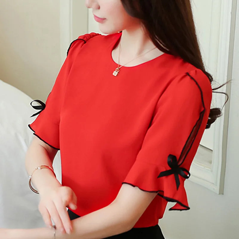 Fashion 2023 Chiffon Women Blouse Shirt Bow Short Sleeve Sweet Women's Clothing Pink O-neck Summer Feminine Tops Blusas D621 30