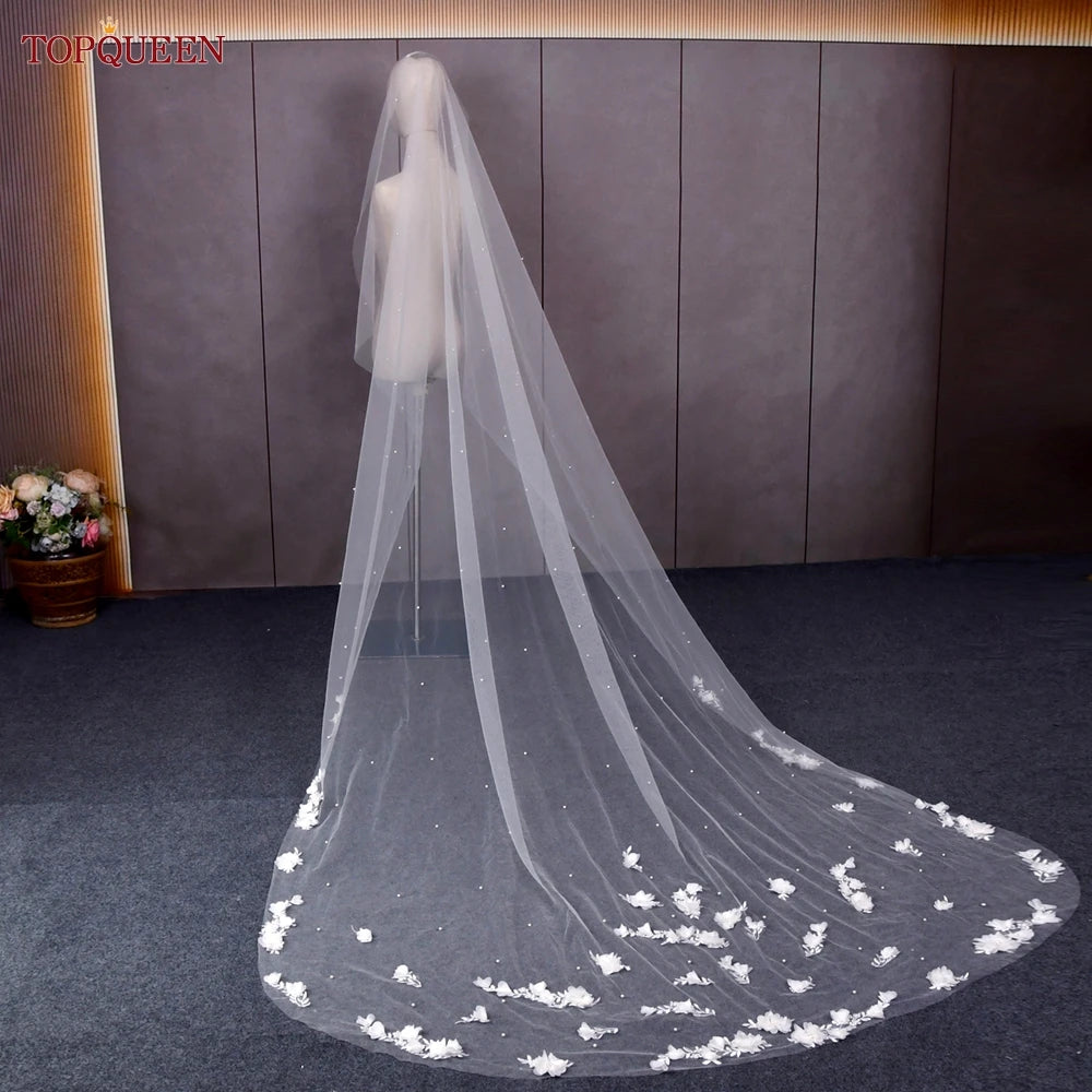 TOPQUEEN V52 3D Flowers Wedding Veil with Pearls  Bridal Veils Long Train Bridal Shower Veu of Bride 3 Meter  Veu de Noiva