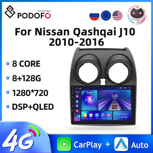 Podofo Car Radio Android For Nissan Qashqai J10 2006-2016 AI Voice Video Player Navigation Stereo 4G Auto Carplay 2din Autoradio