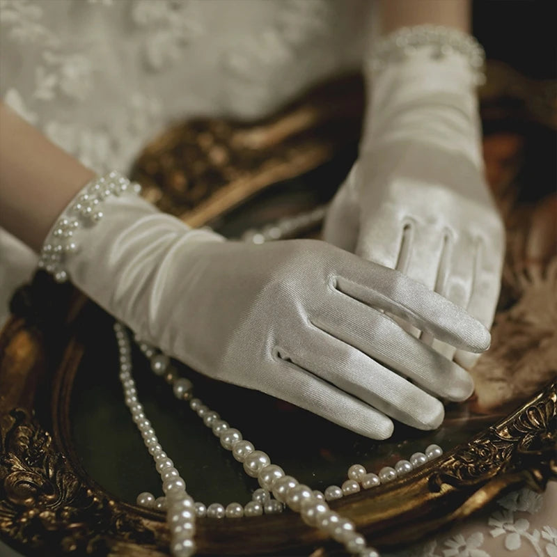 Wedding Bridal Satin Short Gloves Pearl Beaded  Prom Mittens