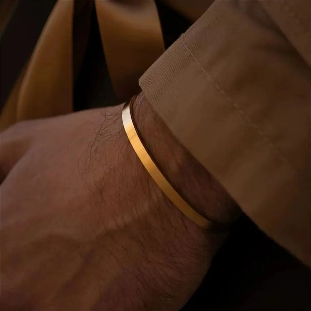 4MM Stainless Steel Gold Color Men Cuff Bracelet Simple Opening Adjustable Bracelet Bracelet For Women Hip Hop Jewelry