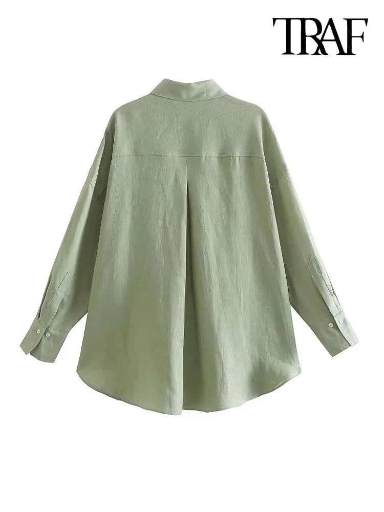 TRAF Women Fashion With Pocket Oversized Shirts Vintage Long Sleeve Button-up Female Blouses Blusas Chic Tops