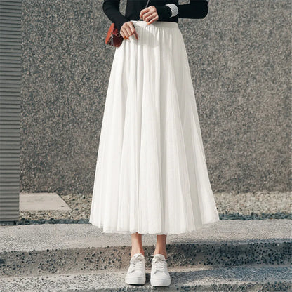 New Women Mesh Elastic Tutu Skirt Beach Spring Summer Korean High Waist Fashion Pleated Long Skirt Black White Tulle Skirts