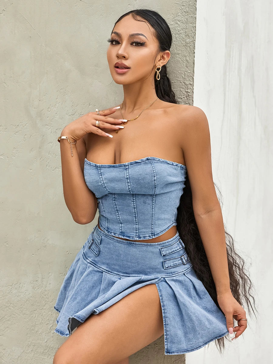 wsevypo Retro Blue Denim Two-Piece Skirt Suits Summer Off-Shoulder Bandeau Corset Crop Tops+High Waist Mini Pleated Skirts Sets