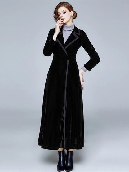 Winter Runway Designer Women Vintage Notched Collar Wrap Black Velvet Maxi Overcoat Thick Warm Pocket Long Trench Coat Outwear