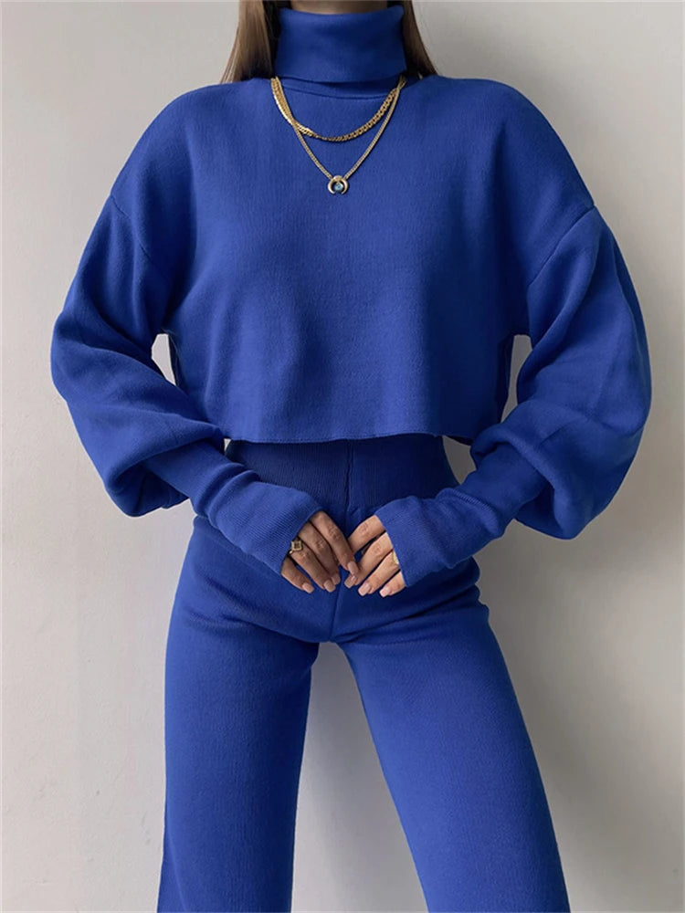 Tossy Turtleneck Two Piece Outfits For Women Lantern Sleeve Cropped Top And Straight Leg Pants Sets Tracksuit Casual Outfits