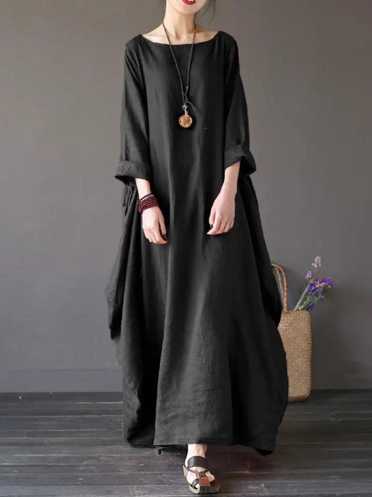 2023 ZANZEA Womens Crewneck 3/4 Sleeve Baggy Maxi Long Shirt Dress Casual Party Kaftan Solid Robe Vestido  Dresses