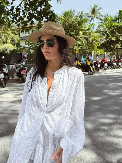 White Long Sleeved Shirt Jacket Shorts Sets Summer Female Stand Collar Single Breasted Suits Casual Vacation Casual Beachwear