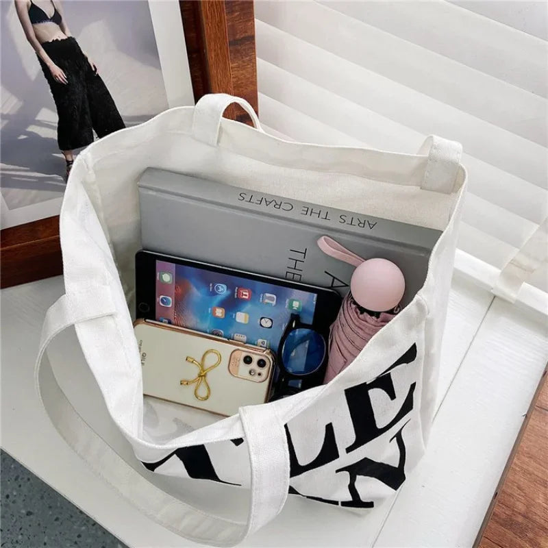 Tote Handbag Women's 2023 Summer New Fashion Korean Edition Simple Canvas Shoulder Bag Large Capacity Tote Letter Big Cloth Bag