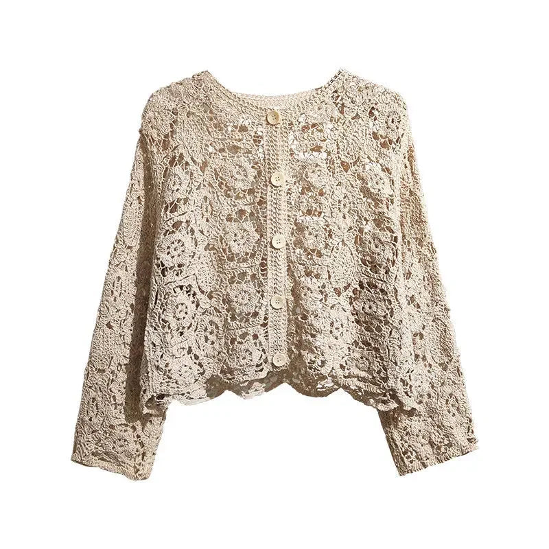 Lace Small Shawl Cotton Cardigan female 2023 spring and summer o neck long sleeve solid casual Versatile Hollow Cardigan Female