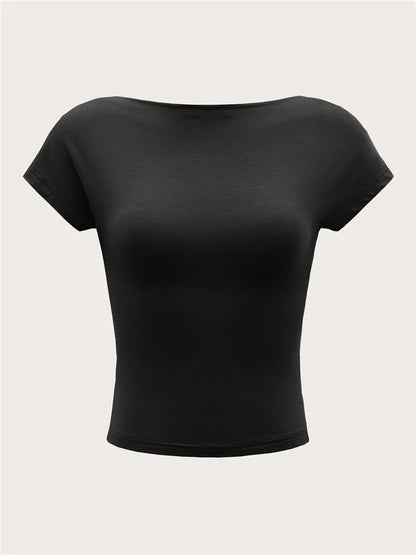 Women's O-neck Backless T-shirt Short Sleeve Solid Color Crop Top Summer Cute Baby Tee Y2K Clothes Bodycon Tunics Fashion Tank