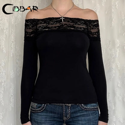 CIBBAR Black Lace Stitched Slash Neck Crop Top Elegant Sexy Skinny Long Sleeve T Shirts for Women Harajuku Y2k Autumn Tees Basic