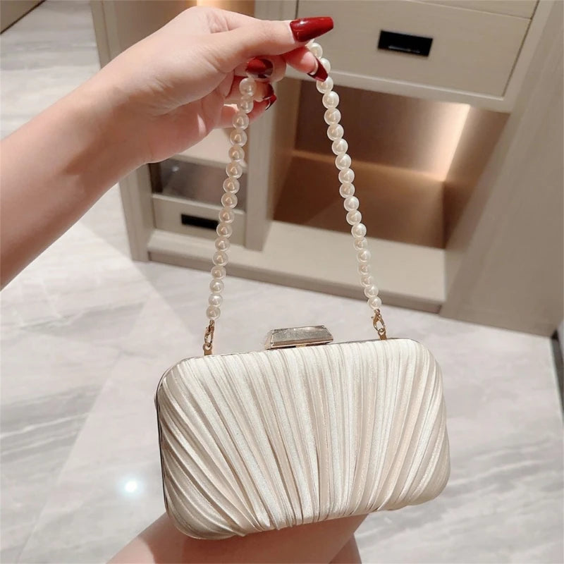 Women Stylish Ruffled Handbag with Pearl Beaded String Strap Elegant Pleated Evening Clutch Lady Banquet Prom Party Shoulder Bag