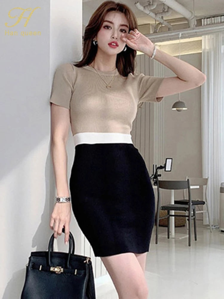 H Han Queen O-neck Colorblock Elegant Pencil Dress Women Simple Slim Elastic Knitted Sheath Bodycon Dresses Office Wear Vestidos