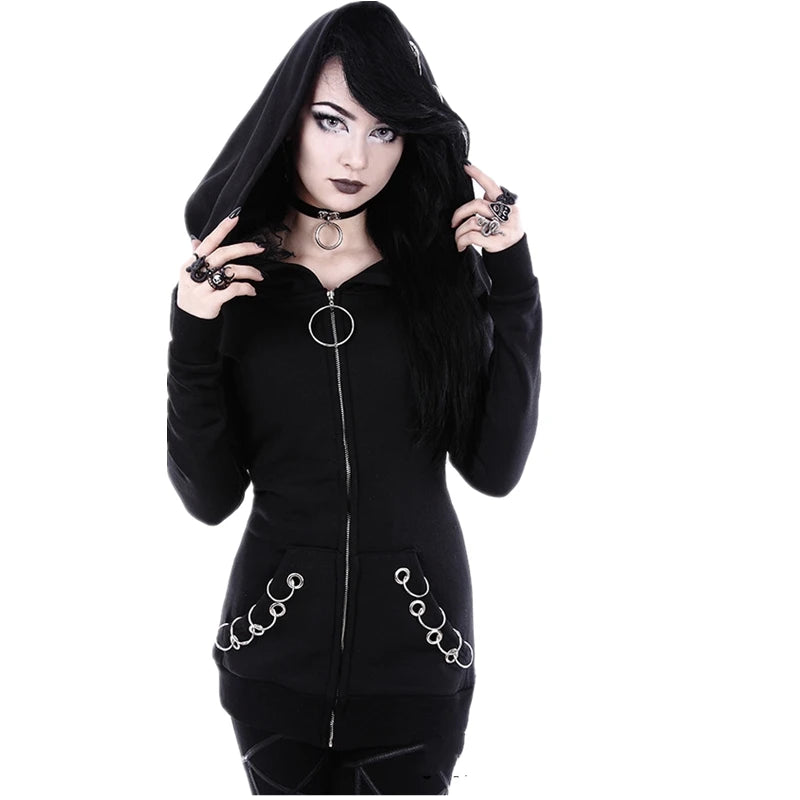 XUANSHOW 2023 Women Hoodies Gothic Punk Iron Ring Sweatshirts Autumn Winter Long Sleeve Zip-up Black Jacket Zipper Ladies Coat