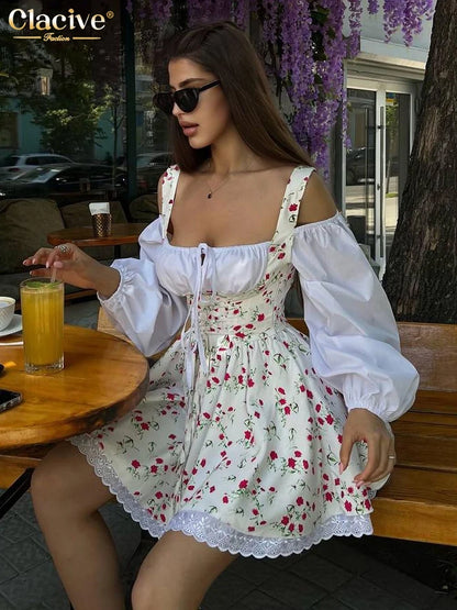 Clacive Sexy Slim Print Womens Dresses 2024 Fashion Square Collar Puff Sleeve Mini Dress Elegant Patchwork Pleated Female Dress