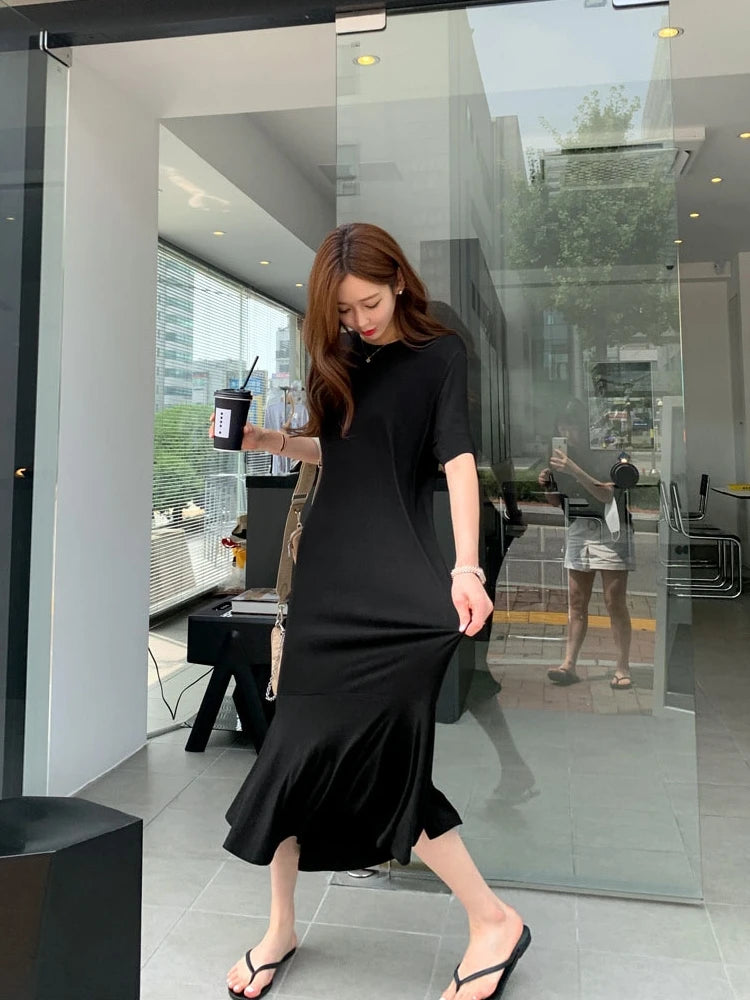 NYFS 2024 Summer New Korea Solid Woman Dress Vestidos Robe Elbise Loose Plus Size Short Sleeve Ruffles Long Dresses