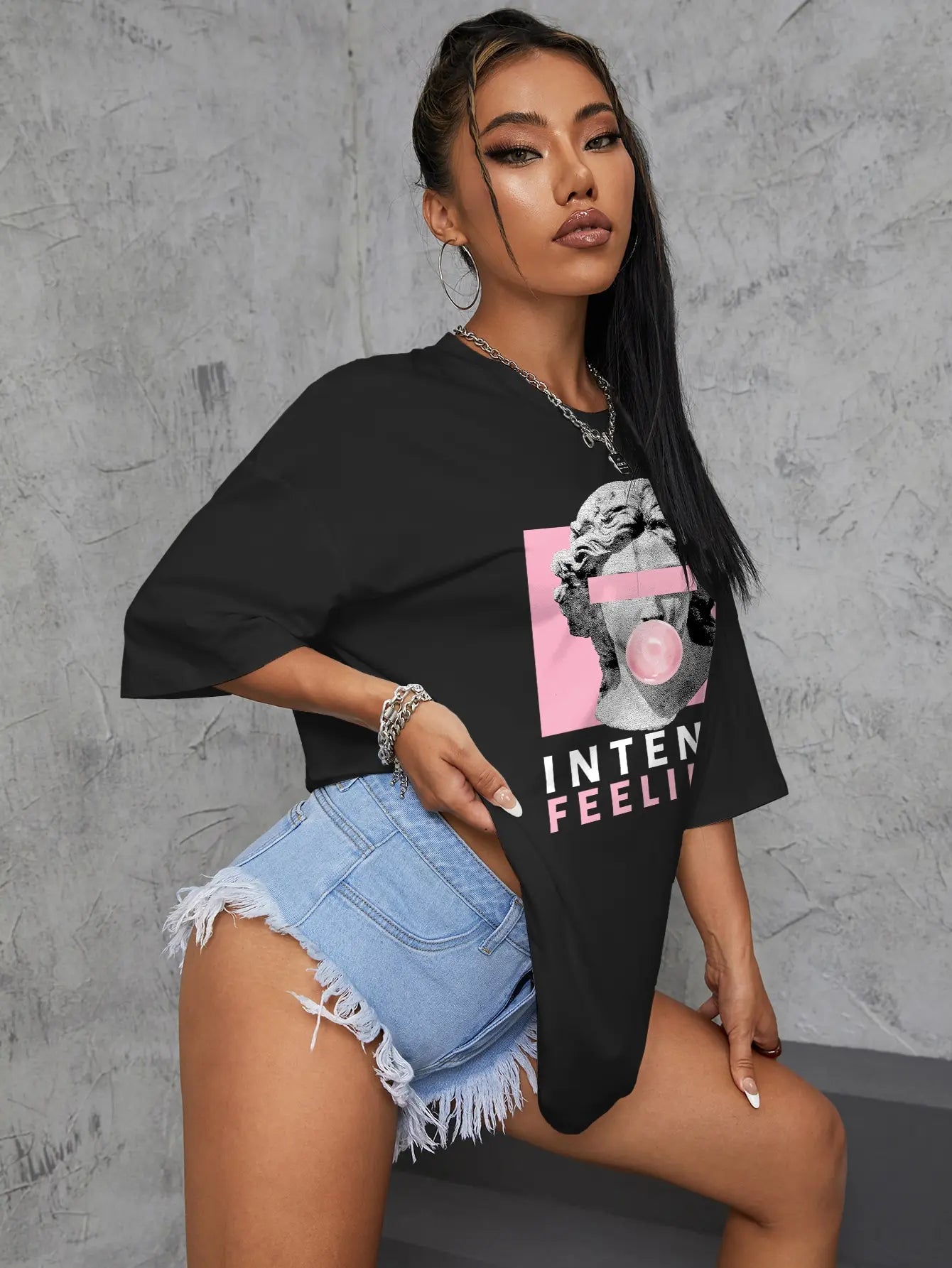 INTENSE FEELINGS Street Hip Hop Female T-Shirts Loose Oversize Short Sleeve Soft Cotton Soft Tops Summer Breathable Tee Clothing