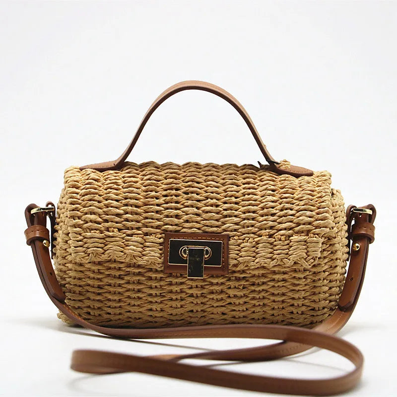 Handmade Women's Shoulder Bag Summer Straw Beach Bag Bohemian Female Handbags Fashion Square Flap Lock Designer Shopper Purse