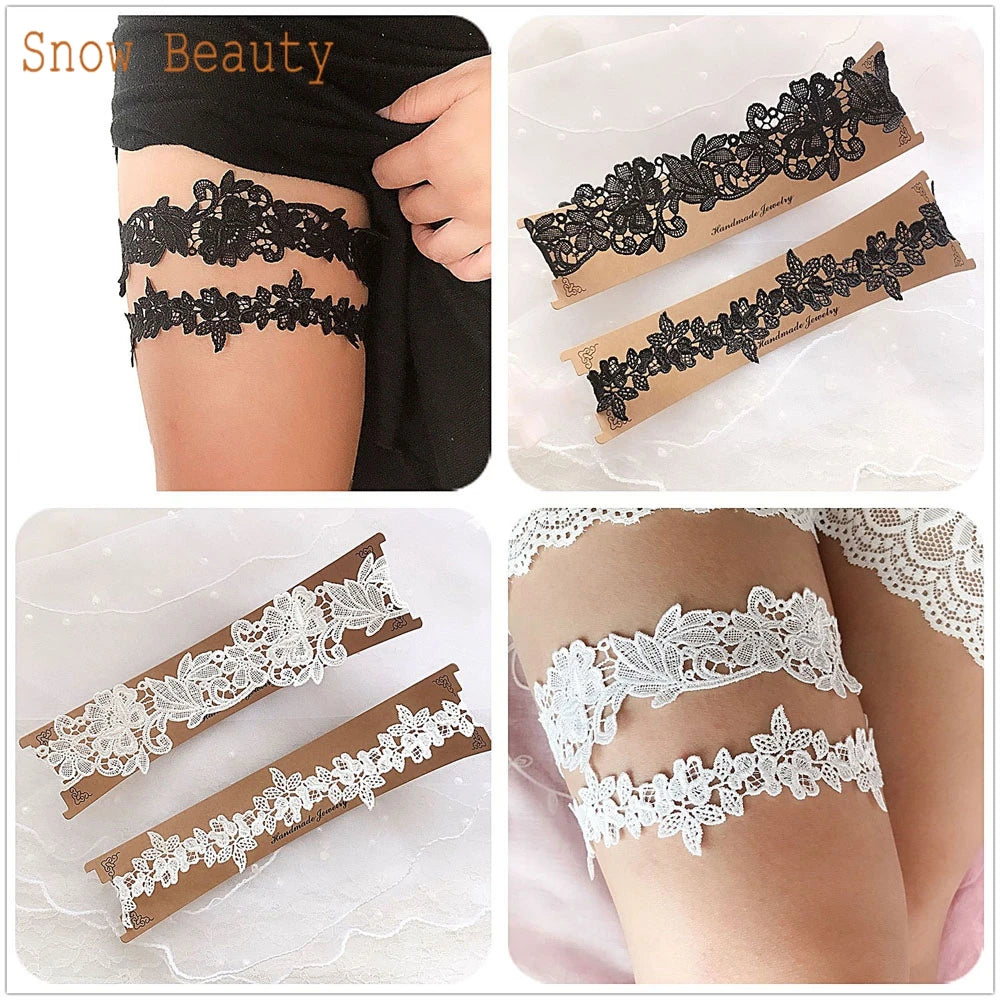 K03 2 PCS Sexy Lace Flower Crystal  Pearls Wedding Garter Belt Thigh Ring Bridal Leg Garter Stocking Garter Belt Girl Women