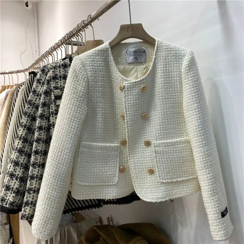 Winter Tweed Thick Round Neck Jackets Coat Casual Warm Women Double Breasted Chaquetas Casaco Cotton Padded Lined Ceket Abrigo