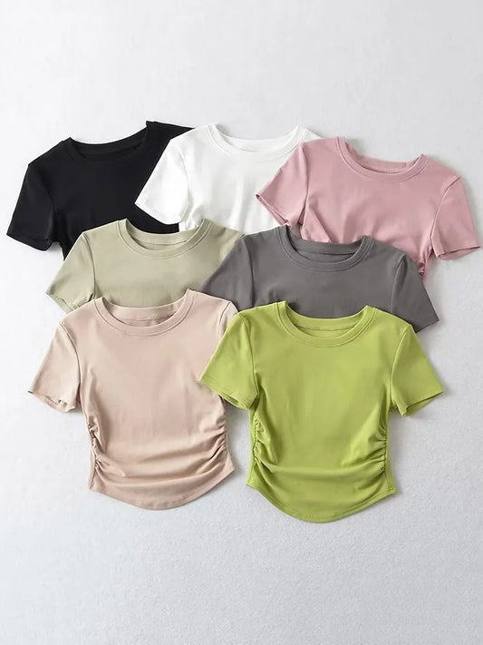 2024 Harajuku Women Crew Neck Short Sleeve Cotton Tee With Ruched Sides Detail T-shirts