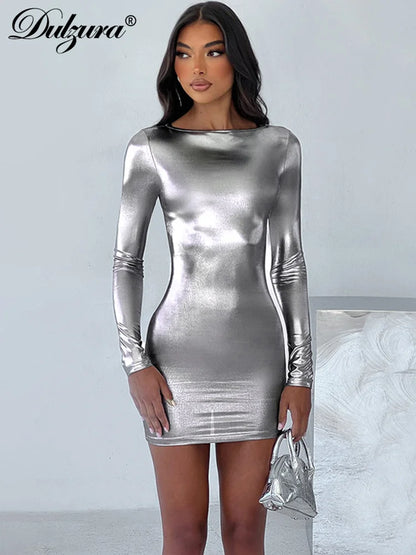 Dulzura Shinny Solid Pure Colo Long Sleeves Midi Dress 2024 Autumn Winter Women Sexy Clubwear Birthday Party Wholesale