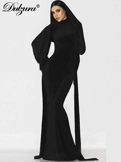 Dulzura Half Turtleneck Hooded Cape Long Sleeves With Gloves Maxi Dress 2023 Women Outfits Slim Birthday Party Elegant