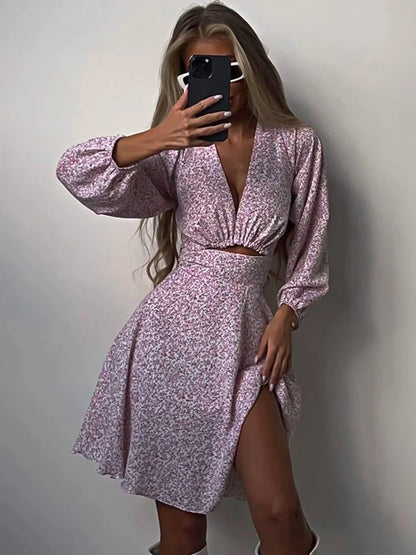 Tossy V-Neck Printed Mini Dress For Women Summer 2023 Fashion Hollow Out Elegant Long Sleeve Dress Outfits Patchwork Slin Dress