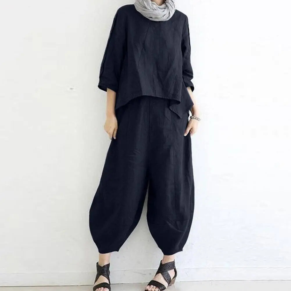 Women Suits Solid Blouses Long Sleeve Shirts and Elastic Waist Long Pants Female Harem Trousers T-shirt Set