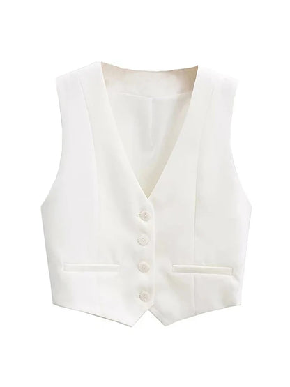 Aoaiiys Vest Women Cropped Waistcoat Fashion Front Buttons Tops Vintage V Neck Sleeveless Female Outerwear White Chic Vests New