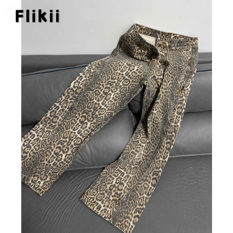 American Retro Leopard High Waist Baggy Jeans Women's Casual Pockets Hip-hop Pants 2024 Spring Y2K Oversiz Panther Denim Trouser