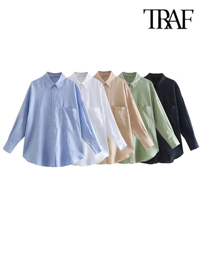 TRAF Women Fashion With Pocket Oversized Shirts Vintage Long Sleeve Button-up Female Blouses Blusas Chic Tops