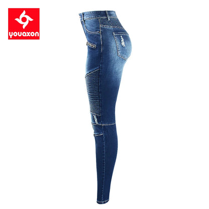 2077 Youaxon Women`s Fashion Motor Biker Style Jeans Mid High Waist Denim Skinny Pants Jeans For Women Clothing Free Shipping