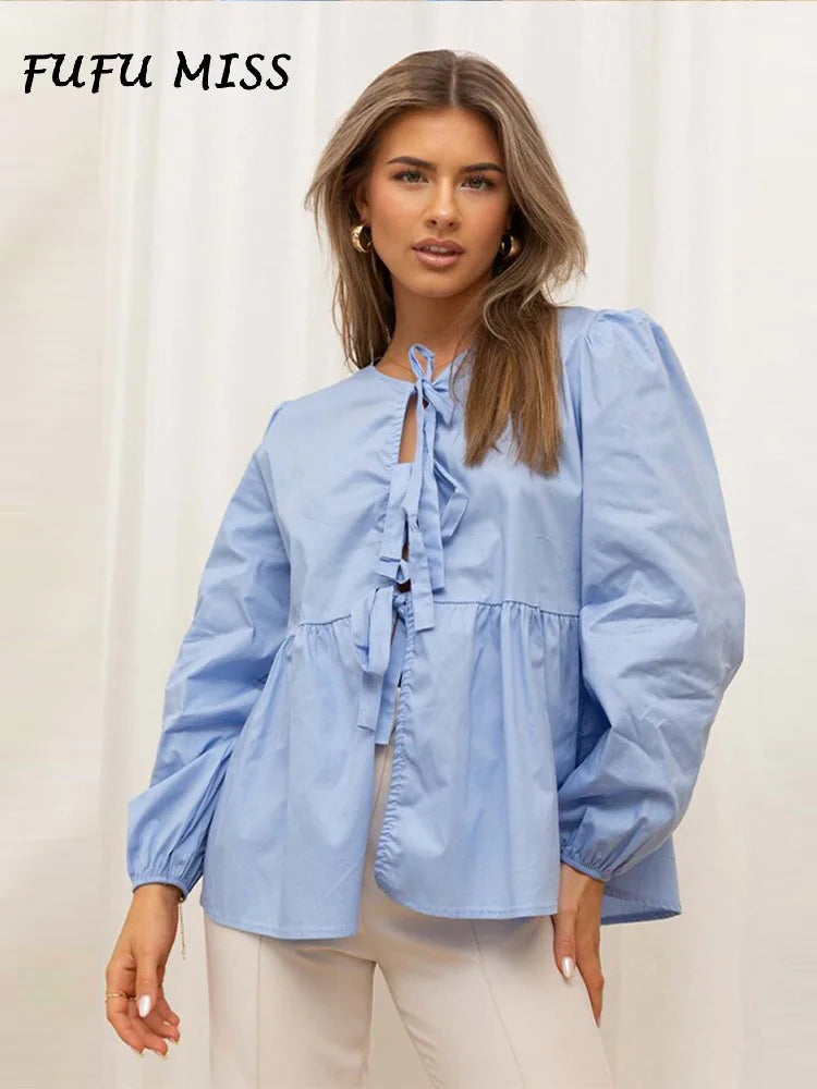 Bow Tied Lace Up Shirt Women Pleats Solid Long Puff Sleeve Hollow Out O-neck Blouses Female 2024 Summer Sweet Lady Fashion Tops